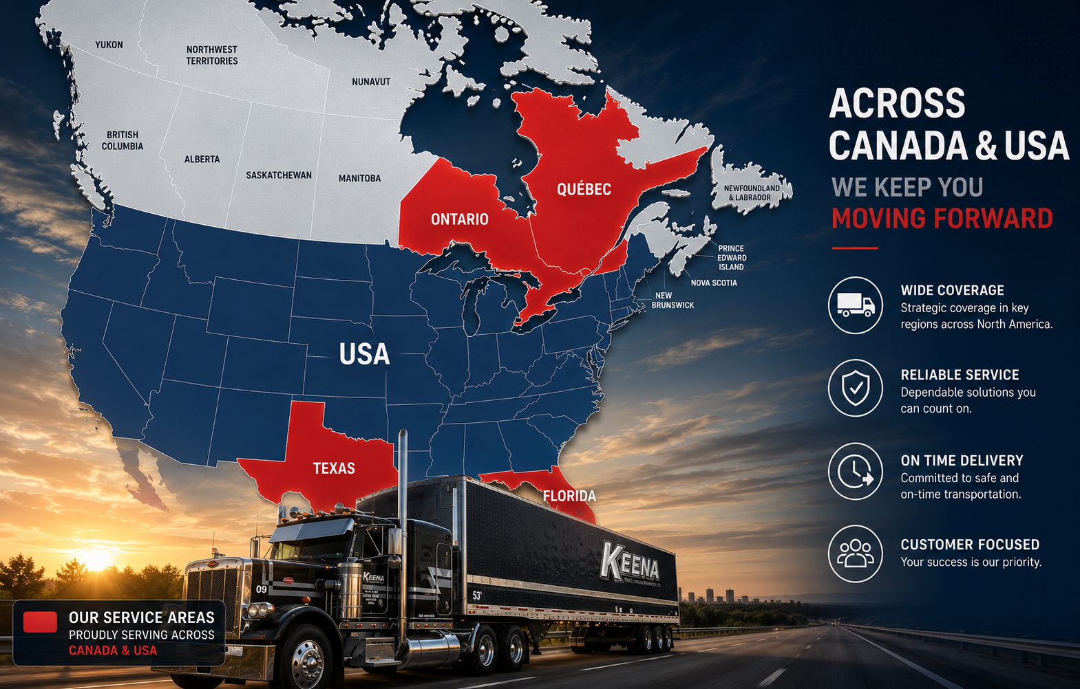 Keena service area map across Canada and USA — Ontario, Quebec, Texas, and Florida