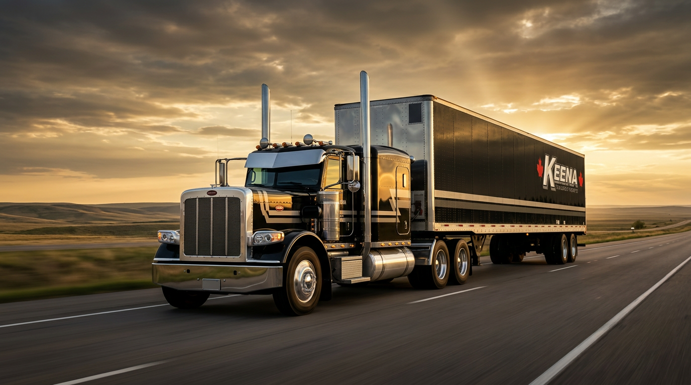 Keena Peterbilt truck on the highway at golden hour